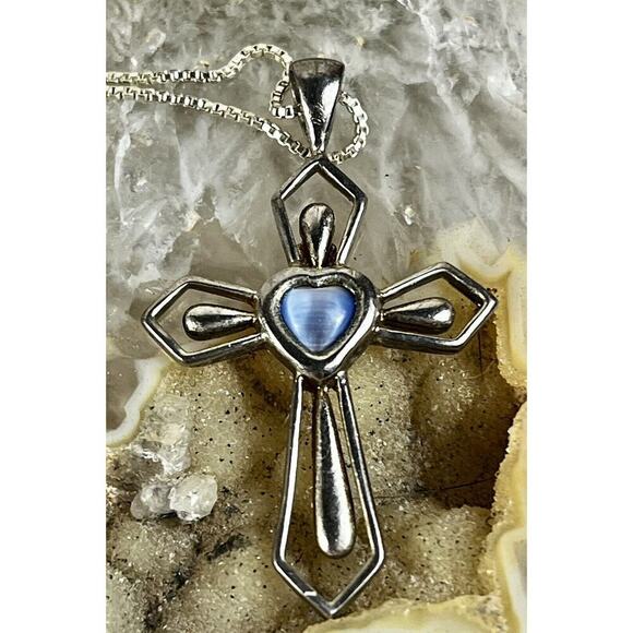 Sterling Silver FACETED STONE CROSS w Center Stone Pendant 925 MO & Necklace VTG - Picture 10 of 14